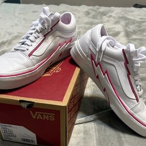 Vans White Sneakers with Pink Lightning Design